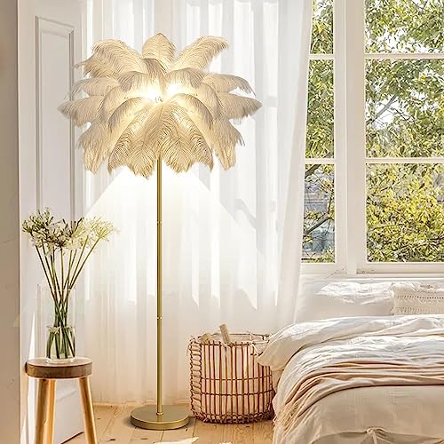 KOSHSH Federlampe Stehlampe Wohnzimmer Gold, 160CM LED Feder Stehlampe Mit 3-Farbig Dimmbarem Moderne Stehlampe Mit Federn Für Schlafzimmer (Weiß) von KOSHSH