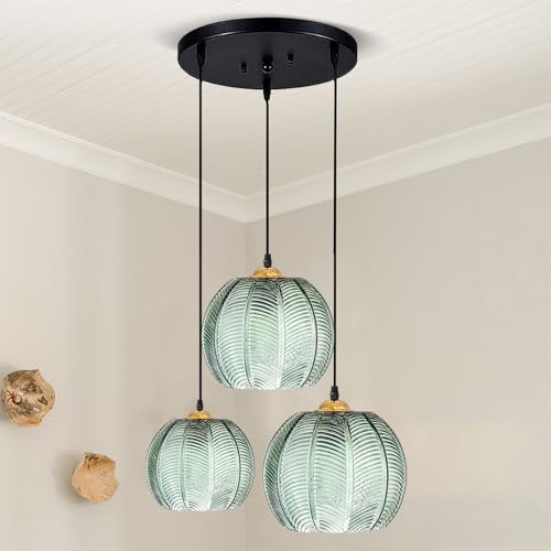 KOSHSH Hängelampe Pendelleuchte Glas 3 Flammig, Pendelleuchte Grün Glas Lampenschirm Modern Hängelampe Pendelleuchte Esstisch Hängeleuchten Für Wohnzimmer Schlafzimmer (3 LIGHT) von KOSHSH