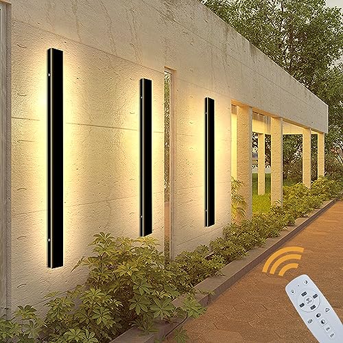 KOSHSH Lange Wandleuchte Aussen Mit Fernbedienung LED Wandleuchte Villa Außen Wandleuchte Schwarz Wasserdicht IP65 Stufenloses Dimmen LED Wandleuchte Für Terasse/Garden/Korridor (2 Pack 80cm) von KOSHSH