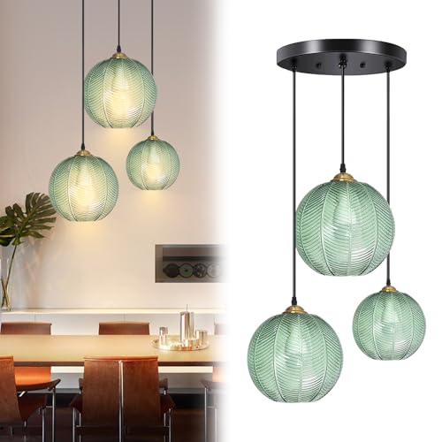 KOSHSH Pendelleuchte Esstisch 3-Flammig, Modern Hängeleuchte Höhenverstellbar Hängelampe Glas Grün, E27 Esstischlampe Hängend für Wohnzimmer Küche Schlafzimmer Flur von KOSHSH