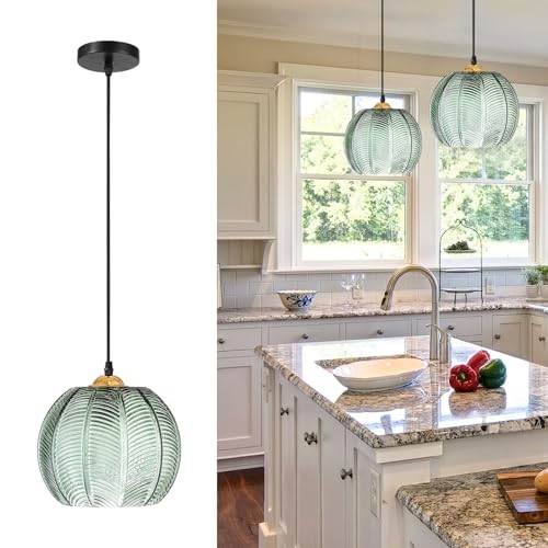 KOSHSH Pendelleuchte Esstisch Grün Glas Lampenschirm,2 Pack Modern Hängelampe Pendelleuchte Glas Höhenverstellbare Hängeleuchten Dekoration Pendellampe Für Wohnzimmer Schlafzimmer (2PACK 9.8IN) von KOSHSH