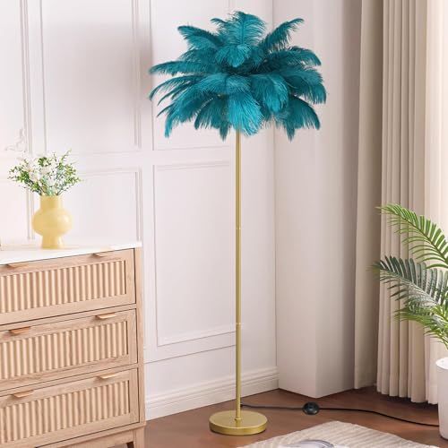 KOSHSH Stehlampe Federn Gold, Federlampe Stehlampe Wohnzimmer Palme 160cm Stehlampe mit Federn Standleuchte LED Dimmbar 6 Flammige Stehleuchte für Schlafzimmer,Lesen,Büro(Peacock Blue) von KOSHSH