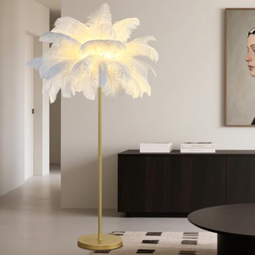 KOSHSH Stehlampe Federn Gold,Modern Feder lampe Stehlampe Wohnzimmer 160cm LED Stehlampe federlampe mit 3-Farbig Dimmbarem Stehleuchte Für Esszimmer, Sofa, Ecke (White) von KOSHSH