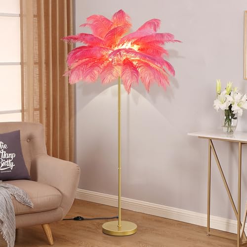 KOSHSH Stehlampe Federn Gold,Modern Feder lampe Stehlampe Wohnzimmer 160cm LED Stehlampe federlampe mit 3-Farbig Dimmbarem Stehleuchte Für Esszimmer, Sofa, Ecke (Pink) von KOSHSH