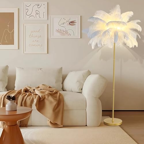 LED Stehlampe, Gold Stehleuchte mit Federn Lampenschirm,Standleuchte mit 3 Farbe,Lampe Palme Federlampe Für Deko Home,Wohnzimmer,Schlafzimmer,Livestream und Fotohintergrund (Weiß,160cm,Fußschalter) von KOSHSH