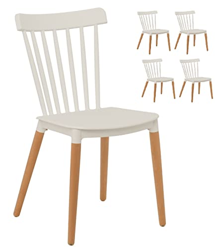 Kosmi.FR - Set mit 4 weißen Stühlen im skandinavischen Stil, einem Barstuhl, einem Sitz aus weißem POP-Harz und einem Fuß aus Naturholz von Kosmi