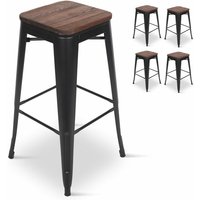 4er-Set Barhocker aus mattschwarzem Metall und Sitzfläche aus dunklem Holz, hoher Metall- und Holzhocker Höhe 66cm ideal für einen Tisch von 90cm von KOSMI