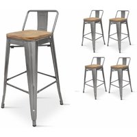 4er-Set Barhocker aus unbehandeltem Metall in verzinkter Optik im Industriestil mit Rückenlehne und Sitzfläche aus hellem Holz - Höhe 66 cm - Kosmi von KOSMI