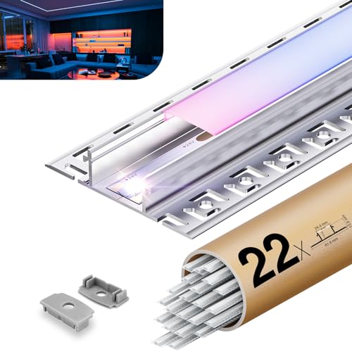 22 x LED Aluminiumprofil 2m ohne Fräsung – einfache Montage - LED Schiene | Flächenbündig für Led Streifen bis 20 mm | inkl. Lichtdiffusor aus PC & Endkappen | für Decke, Gipskarton & Holz geeignet von KOSOOM