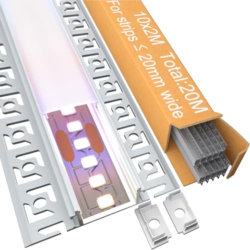 KOSOOM 10 LED Trockenbauprofil 2 m, Lichtdiffusor-Schiene LED Aluminium Profil Maße (Flügel 61,8 mm) x 13,8 mm, Aluprofil Innenbreite 20 mm für Led-Streifen, mit Milchweißer PC‑Abdeckung von KOSOOM