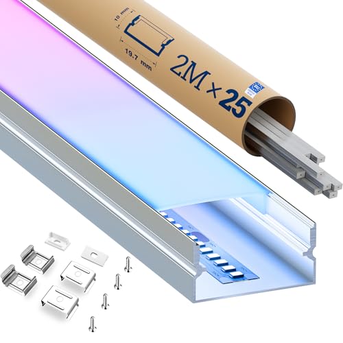 KOSOOM 2M LED Schiene, U-Form LED Profil mit Led-Streifen mit Einer Breite von weniger als 17mm – mit diffusen milchweißen Abdeckungen, Aluminiumprofil Größe19,7 x 10 mm (25 Stück) von KOSOOM