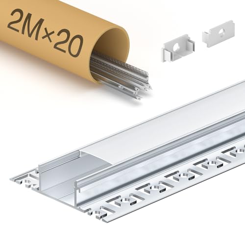 KOSOOM 2m LED Profil geeignet für LED Streifen unter 20 mm, Alu Profil Größe 2000 x 24,4 x 13,8 mm - Kante 61,8 mm - mit Installationszubehör - 20 Stück Packung von KOSOOM