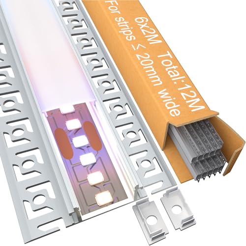 KOSOOM 6 LED Trockenbauprofil 2 m, Lichtdiffusor-Schiene LED Aluminium Profil Maße (Flügel 61,8 mm) x 13,8 mm, Aluprofil Innenbreite 20 mm für Led-Streifen, mit Milchweißer PC‑Abdeckung von KOSOOM