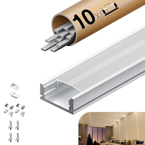 KOSOOM LED Schiene für Streifen 10 Stück x 2 m, mit mattierter PC-Abdeckung LED Profil Maße 17,4 mm x 7 mm Alu Profil Unterstützt Streifen der Breite kleiner oder gleich 12,4 mm von KOSOOM