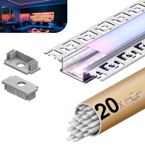 KOSOOM 20 LED Aluminium Profil 2 m, Lichtdiffusor-Schiene Trockenbauprofil Maße 28 mm(Flügel 64,2 mm) x 13,8 mm, Aluprofil Innenbreite 20,2 mm für LED-Streifen, mit Milchweißer PC‑Abdeckung von KOSOOM