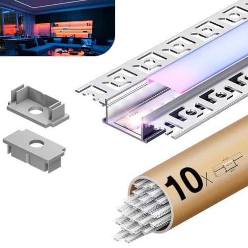 KOSOOM 10 x LED Profil Trockenbau 2 m, Lichtdiffusor-Schiene Aluminium Profil Maße 28 mm(Flügel 64,2 mm) x 10 mm Unterstützt die maximale Breite des LED-Streifens 20,2 mm, Mit milchweißer PC-Abdeckung von KOSOOM
