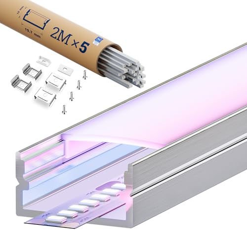 KOSOOM LED Aluminiumprofil 2m x 5Stück, Mit weißem lichtstreuendem PC-Diffusor U-Form LED-Profil Größe 19,7mm x 10mm, Geeignet für LED-Streifen bis 17mm Breite, Zur linearen Beleuchtung im Wohnbereich von KOSOOM
