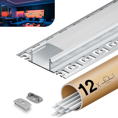 KOSOOM LED Profil für LED Streifen 2 m x 12 Stück 24 m mit mattem PC Abdeckung Größe 24,4 mm x 13,8 mm Lamellen 61,8 mm, für LED Streifen mit Einer Breite von weniger als 20 mm, mit Montagezubehör von KOSOOM
