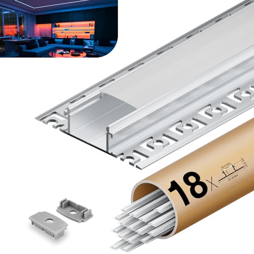 KOSOOM LED Profil für LED Streifen 2 m x 18 Stück 36 m mit mattem PC Abdeckung Größe 24,4 mm x 13,8 mm Lamellen 61,8 mm, für LED Streifen mit Einer Breite von weniger als 20 mm, mit Montagezubehör von KOSOOM