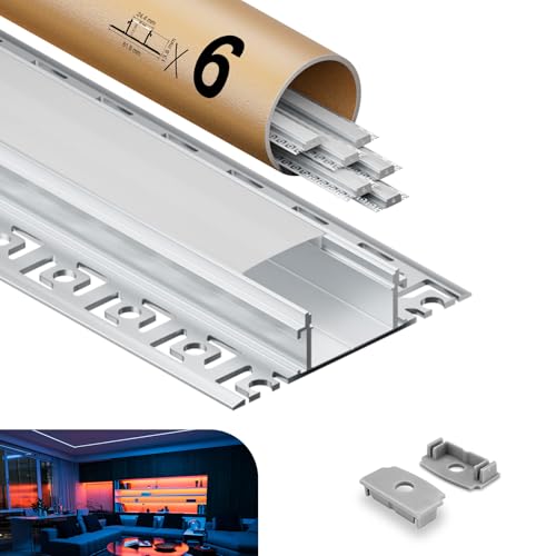 KOSOOM LED Profil für LED Streifen 2 m x 6 Stück 12 m mit mattem PC Abdeckung Größe 24,4 mm x 13,8 mm Lamellen 61,8 mm, für LED Streifen mit Einer Breite von weniger als 20 mm, mit Montagezubehör von KOSOOM