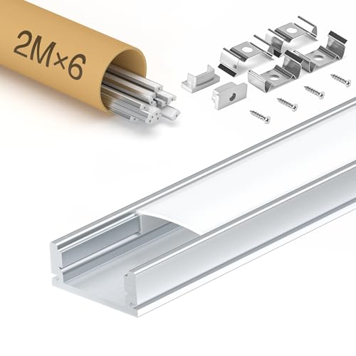 KOSOOM LED Profil für Led Streifen 6 x 2 m 12m, Einbauprofil mit undurchsichtiger Abdeckung, Maße 17,4 mm x 7 mm, maximale Breite des LED-Streifens 12,4 mm von KOSOOM