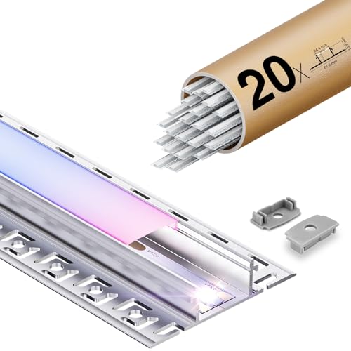 KOSOOM 20 x LED Fliesenprofil 2 m, Lichtdiffusor‑Schiene für LED-Streifen bis 20 mm, LED Aluminiumprofil Abdeckung & Endkappen Für lineare Beleuchtung in Zuhause, Geschäften und Hotels von KOSOOM
