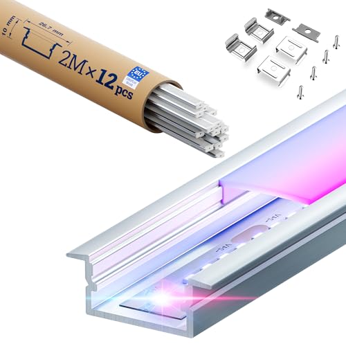 KOSOOM LED Schiene - Aluminiumprofil 2m x 12, Aluprofil für Led Stripes/Streifen, LED-Kanal - ALU Leiste -Abmessung 19,7 x 10mm, für Decke & Trockenbau, indirekte Beleuchtung, Endkappen & Metallclips von KOSOOM