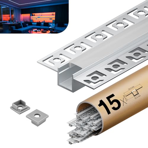 KOSOOM LED Trockenbauprofil für LED Streifen 15 x 2 m, Aluprofil Led für Wände und Decken 30 m Led Leiste Kanal Größe 15,4 x 14,9 mm Lamellen 55,5 mm, für LED Stripes bis 12,9 mm geeignet von KOSOOM