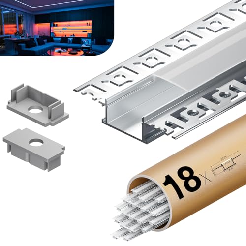 KOSOOM LED Trockenbauprofil 2m x 18 Stück (36m), Aluminium Einbauprofil für LED Streifen bis 20,2 mm, Aluprofil mit Abdeckung für Gipskarton, Wand, Decke, Nische, indirekte Beleuchtung von KOSOOM