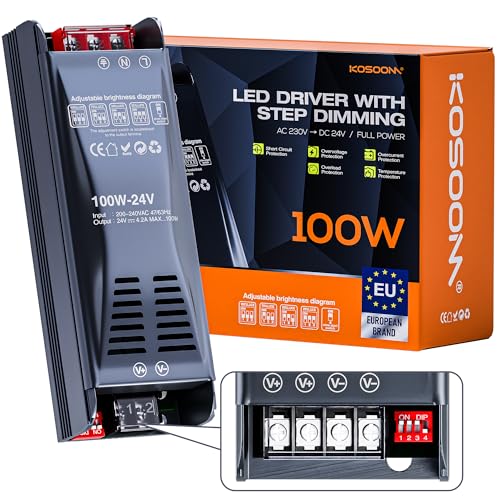 LED Trafo 230V auf 24 V, 100W 4,2A LED-Treiber Netzteil, In Stufen dimmbar Transformator kein Rauschen, Niedervolttrafo für Led-Streifen, 1er Pack LED Trafo 230V auf 24 V, 100W 4,2A LED-Treiber Netzteil, In Stufen dimmbar Transformator kein Rauschen, Niedervolttrafo für Led-Streifen, 1er Pack von KOSOOM