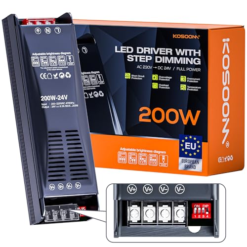 LED Trafo 24V Netzteil 230V auf 24V 200W Treiber Schaltnetzteil Transformator 8,3 A, Stufenweise Dimmbar Netzteil Kompakter Extrem Dünner Konstantspannung Niedervolttrafo für LED-Streifen LED Trafo 24V Netzteil 230V auf 24V 200W Treiber Schaltnetzteil Transformator 8,3 A, Stufenweise Dimmbar Netzteil Kompakter Extrem Dünner Konstantspannung Niedervolttrafo für LED-Streifen von KOSOOM