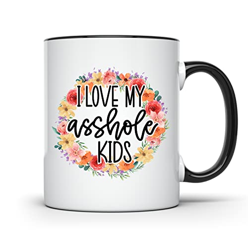 Kaffeetasse mit Aufschrift "I Love My Asshole Kids", lustig, sarkastisch, Blumenmuster, 325 ml von KOSOQ