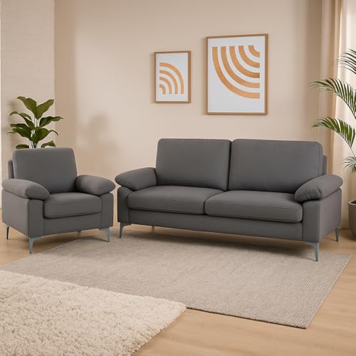 KOSY KOALA Modernes graues Sofa 3 1 Sitzer Set Stoff mit Chromfüßen - Bequeme Couch mit Kissen für Wohnzimmer, Schlafzimmer oder Büro von KOSY KOALA
