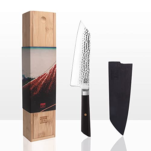 KOTAI Santoku Bunka Kochmesser mit Saya und Bambusbox | 17-cm-Klinge | Küchenmesser | von Hand gehämmert und geschärft | Japanischer ultrascharfer 440C-Edelstahl von KOTAI