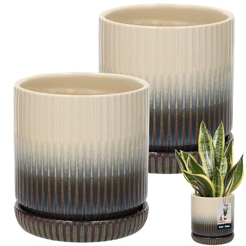 KOTARBAU® 2 STK. Blumentopf mit Untersetzer glasiert Creme Braun Blau ⌀ 13cm H: 13,5cm Handmade Übertopf Keramik-Topf mit Untersetzer Orchideentopf Keramik-Blumentöpfe mit Untersetzer von KOTARBAU