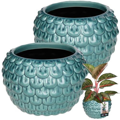 KOTARBAU® 2 St. Kunstvoller Blumentopf-Keramik groß Vintage Fischschuppen-Muster handgefertigt ⌀ 17 cm Höhe 13 cm Blumenübertopf Keramik-Blumentopf Blau & Turkisfarbe Orchideentopf von KOTARBAU