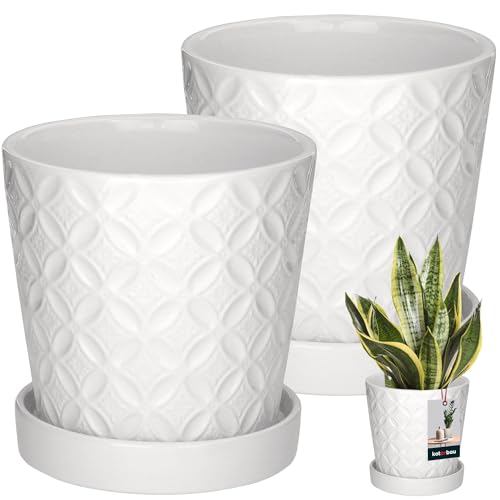 KOTARBAU® 2 St. Pflanzentopf mit Untersetzer Weiß ⌀ 13 cm Höhe: 15 cm Glasierte Keramik Blumentopf groß Plant Pot Kaktus Topf mit Untersetzer Übertopf mit Untersetzer Blumentöpfe von KOTARBAU