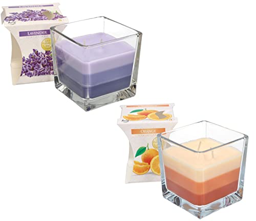 KOTARBAU® 2er Set 2-Docht Duftkerze im Glas Lavendel + Orange Zweidochtkerze dreifarbig Geschenkidee Aromatherapie Dekorations-Kerzen Brenndauer bis zu 32 Stunden von KOTARBAU