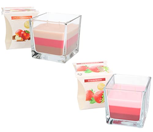 KOTARBAU® 2er Set 2-Docht Duftkerze im Glas Zimt-Apfel + Erdbeere Zweidochtkerze dreifarbig Geschenkidee Aromatherapie Dekorations-Kerzen Brenndauer bis zu 32 Stunden von KOTARBAU