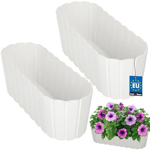 KOTARBAU® 2er Set Blumenkasten Balkon - Blumentopf - 40x13x13cm Weiß - Pflanzkübel - Pflanzkasten - Pflanzentopf - Kunststoff - Balkonkasten - Rustikal - Übertopf groß von KOTARBAU