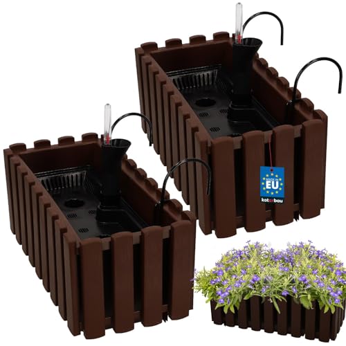 KOTARBAU® 2er Set Blumenkasten Balkon - Blumentopf Selbstbewässernd - 38x18x16cm - Braun - Kunststoff - Blumentopf Balkongeländer - Bewässerungssystem - Blumenkastenhalterung - Pflanzkübel Groß Außen von KOTARBAU
