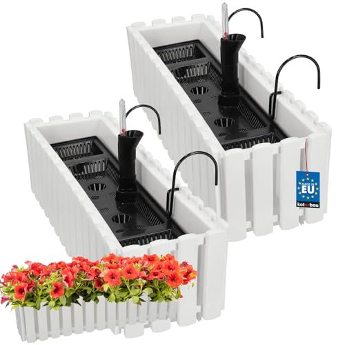 KOTARBAU® 2er Set Blumenkasten Balkon - Blumentopf Selbstbewässernd - 58x18x16cm - Weiß - Kunststoff - Blumentopf Balkongeländer - Bewässerungssystem - Blumenkastenhalterung - Pflanzkübel Groß Außen von KOTARBAU