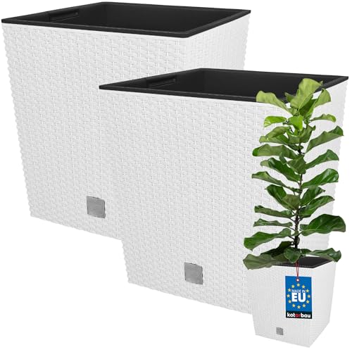 KOTARBAU® 2er Set Blumentöpfe 32 L Höhe: 32 cm Weiß Pflanzentopf aus Kunststoff Übertopf mit Innentopf Blumentopf Set wie Rattan Pflanzentopf Innen Außen von KOTARBAU