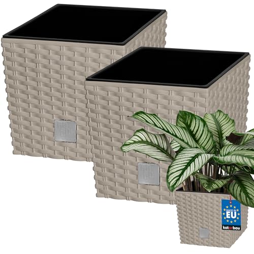 KOTARBAU® 2er Set Blumentöpfe 9,8 L Höhe: 23 cm Mocca Pflanzentopf aus Kunststoff Übertopf mit Innentopf Blumentopf Set wie Rattan Pflanzentopf Innen Außen von KOTARBAU