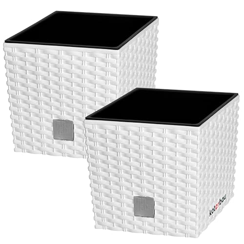 KOTARBAU® 2er Set Blumentöpfe 9,8 L Höhe: 23 cm Weiß Pflanzentopf aus Kunststoff Übertopf mit Innentopf Blumentopf Set wie Rattan Pflanzentopf Innen Außen von KOTARBAU