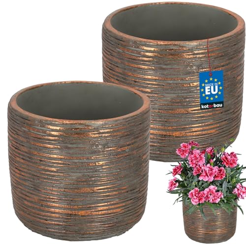 KOTARBAU® 2er Set Blumentopf Groß - Pflanzkübel - ⌀ 12 cm H: 13 cm - Keramik - Kupfer - Pflanztopf - Orchideentopf - Design - Stilvoll - Blumenübertopf - Außen von KOTARBAU