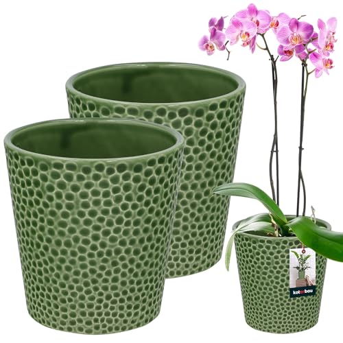 KOTARBAU® 2er Set Blumentopf Grün Keramik Glasiert ⌀ 9,5 cm Höhe: 11 cm Orchideentopf Modern Pflanztopf für Zimmerpflanzen von KOTARBAU