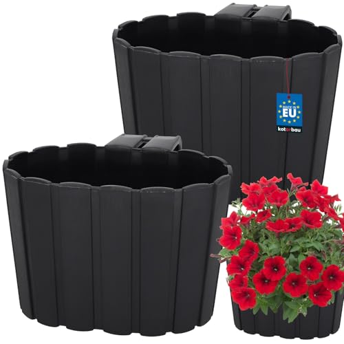KOTARBAU® 2er Set Blumentopf Hängend - Pflanzkübel - 20 x 14 cm H: 13 cm Anthrazit - Übertopf Kunststoff - Pflanzkübel Groß Außen - Blumenkasten Balkongeländer - Hängetopf für Balkon von KOTARBAU
