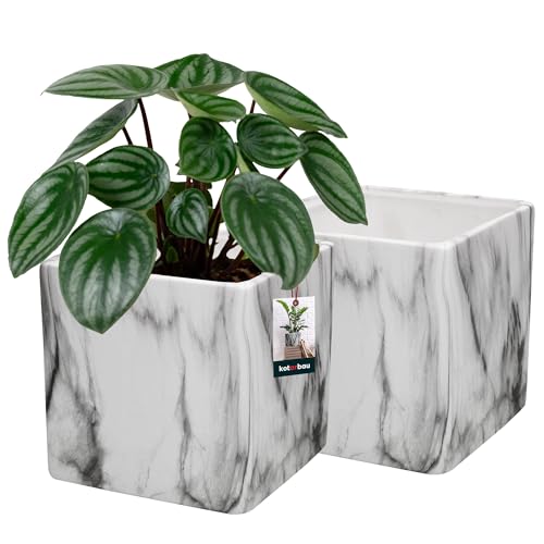 KOTARBAU® 2er Set Blumentopf quadratisch 12 x 12 cm Marmor Matt Übertopf für Zimmerpflanzen - moderner Keramik Übertopf mit Marmor-Optik von KOTARBAU