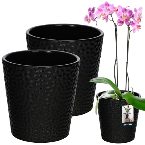 KOTARBAU® 2er Set Blumentopf Schwarz Keramik glasiert ⌀ 9,5 cm Höhe: 11 cm Orchideentopf Keramik Blumentöpfe Keramik Blumentopf Keramik Pflanztopf Blumentopf modern Blumentöpfe Zimmerpflanzen von KOTARBAU